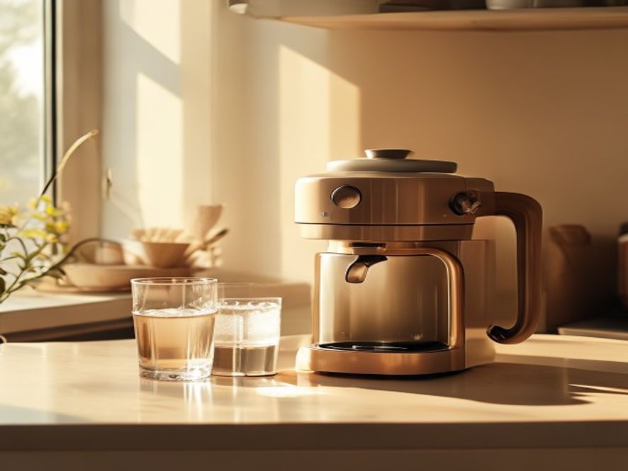 Organized morning routine setup with coffee maker and journal on clean countertop